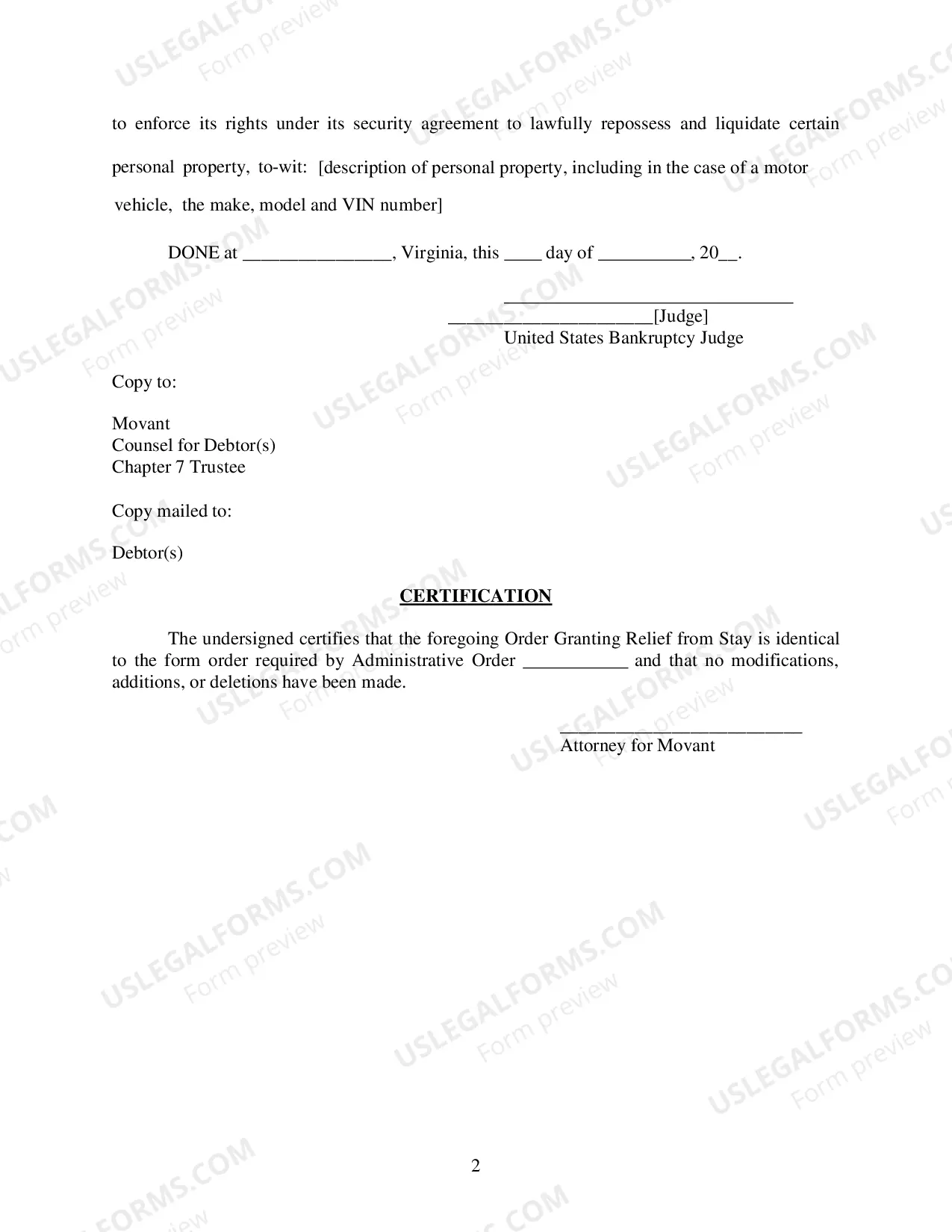 Preview Order Granting Relief From Stay [SO No. 10-2, Form B]