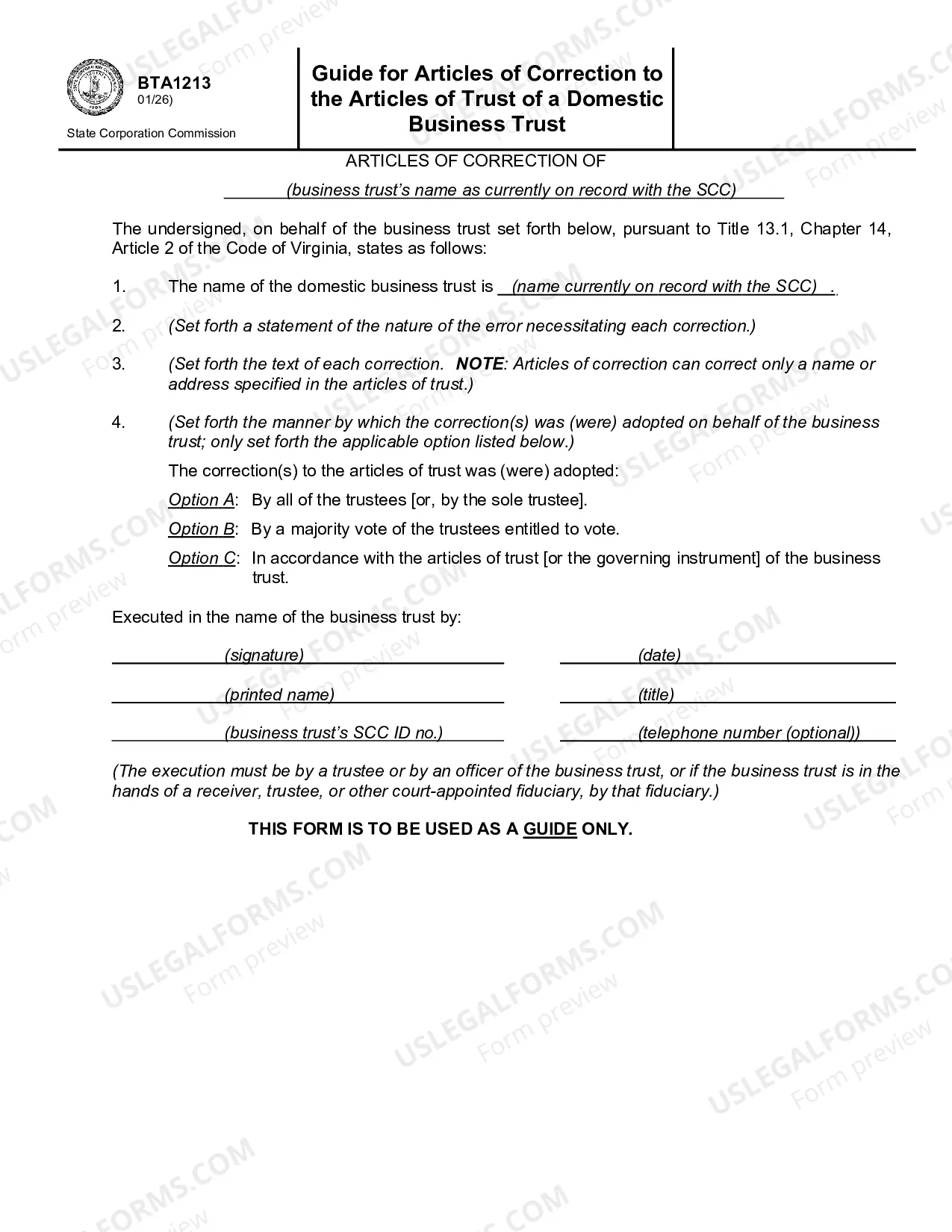 Preview Guide For Articles Of Correction To The Articles Of Trust Of A Domestic Business Trust