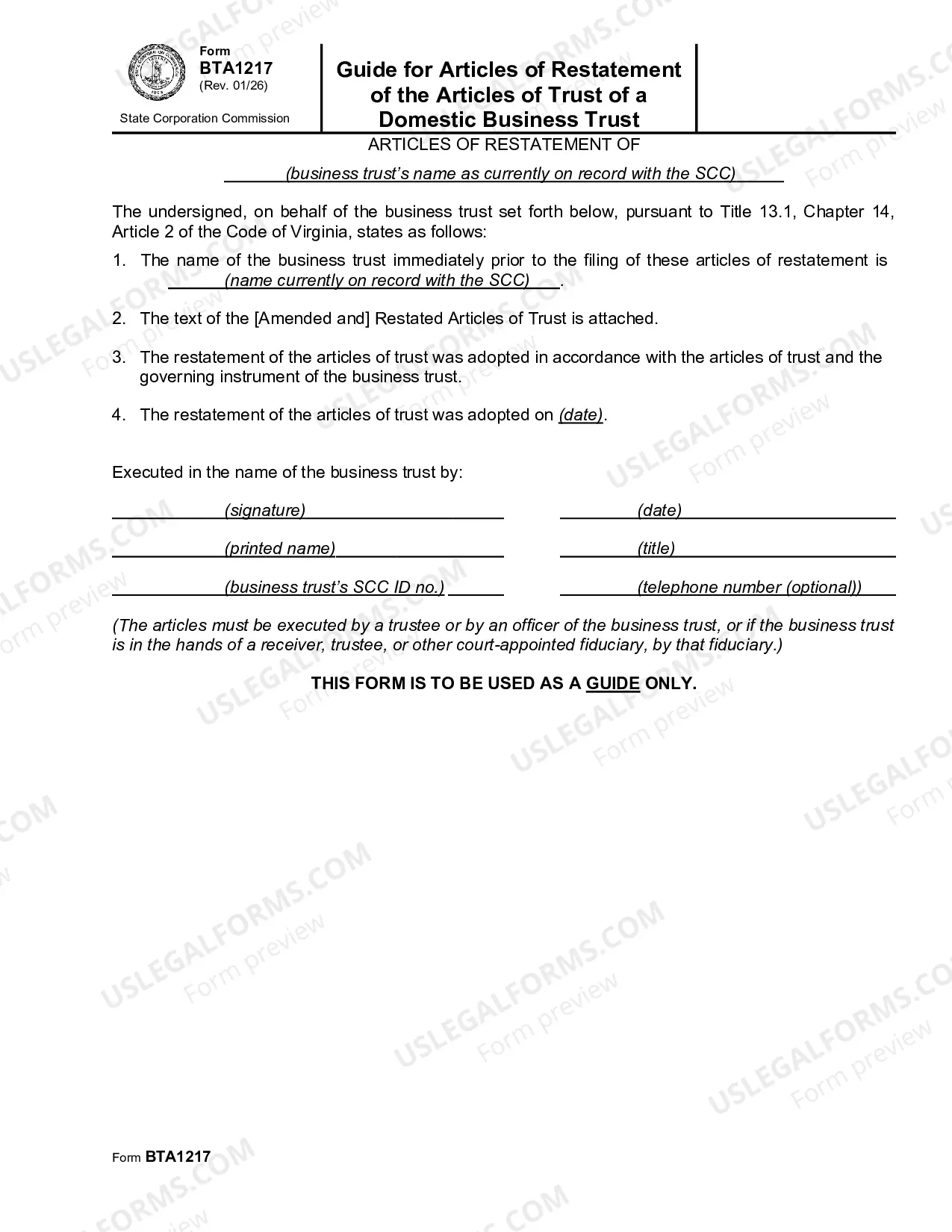 Preview Guide For Articles Of Restatement The Articles Of Trust Of A Domestic Business Trust