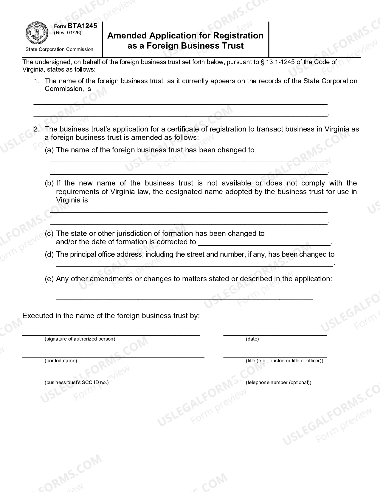 Preview Amended Application for Registration as a Foreign Business Trust