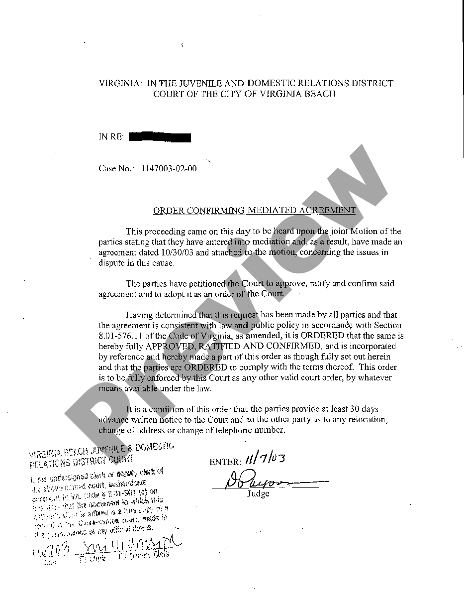 Fairfax Virginia Order Confirming Mediated Agreement | US Legal Forms