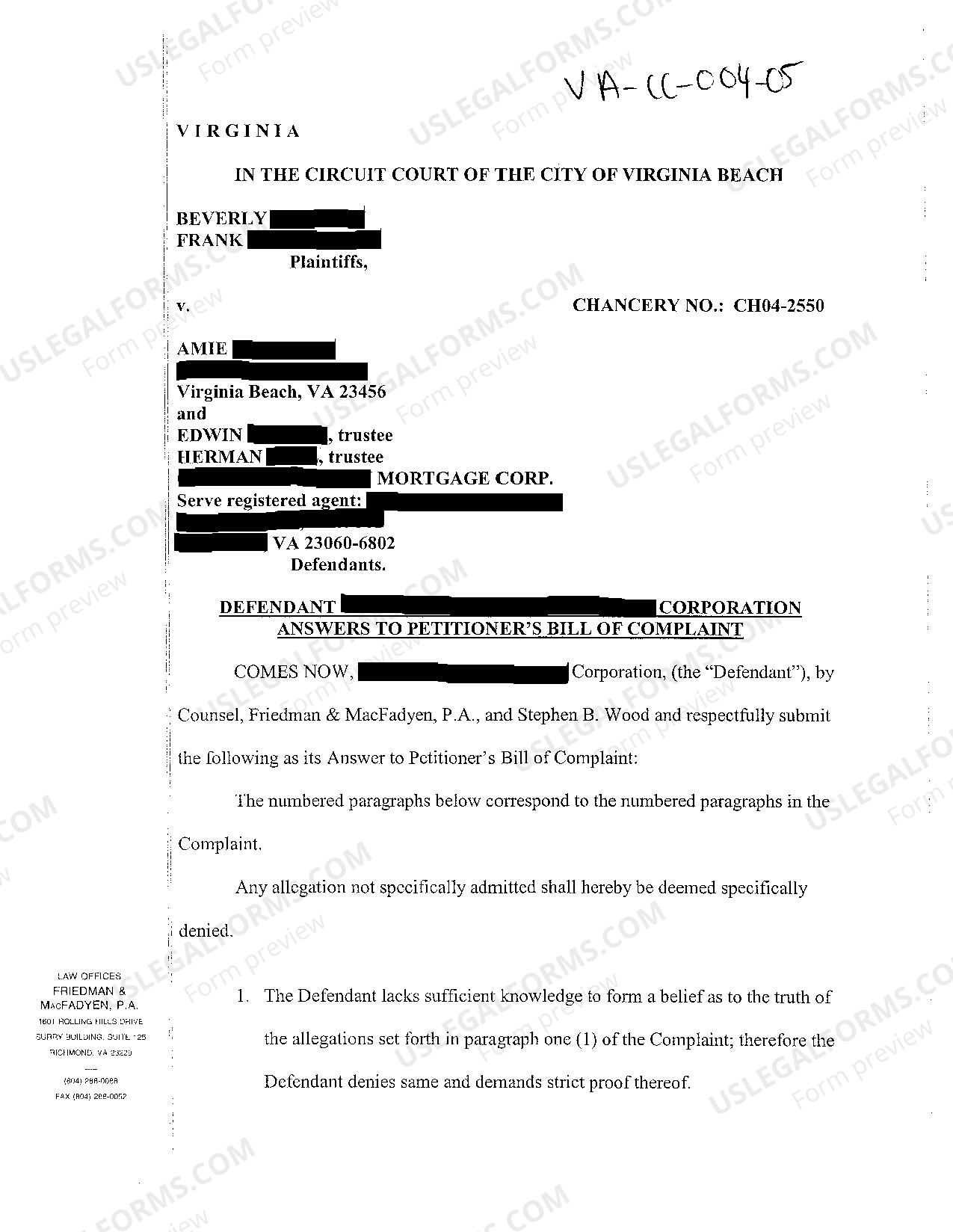 Virginia Defendant Chase Manhattan Mortgage Corps Answer To Petitioner ...