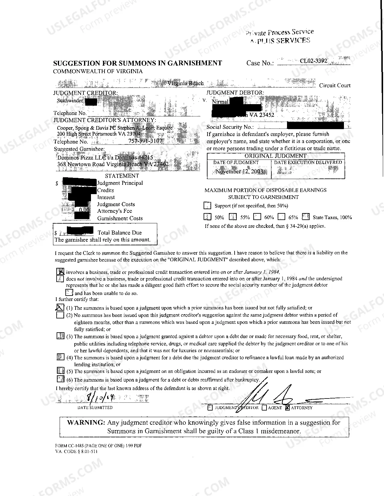 Preview A01 Garnishment Summons