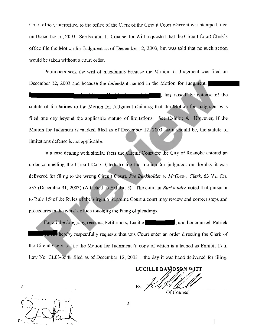 Preview A01 Verified Petition for Writ of Mandamus for Clerk Filing Error