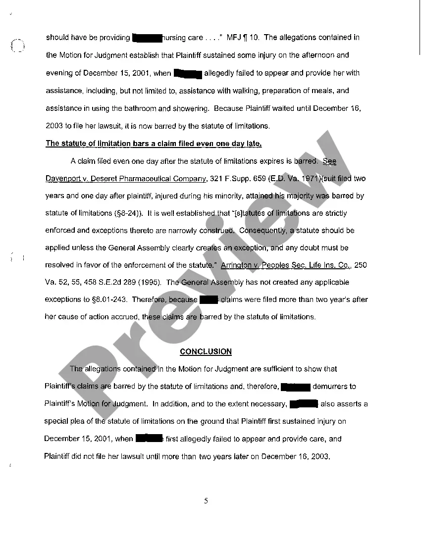 Preview A05 Exhibit regarding Writ of Mandamus In Home Health Services Demurrer And Special Plea of The Statute of Limitations