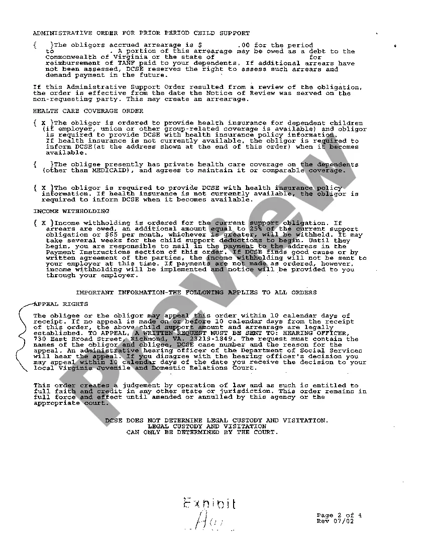 Preview A02 Exhibit A to Complaint for Divorce - Child Support Order