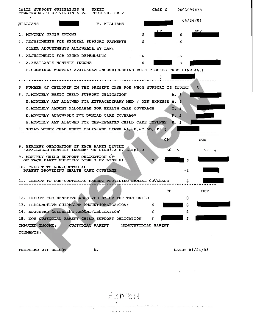 Preview A02 Exhibit A to Complaint for Divorce - Child Support Order