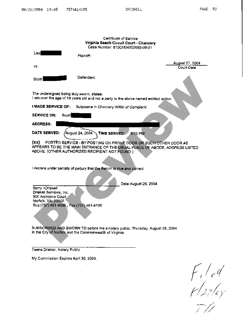 Get A05 Certificate of Service for Complaint for Divorce Preview A05 Certificate of Service for Complaint for Divorce