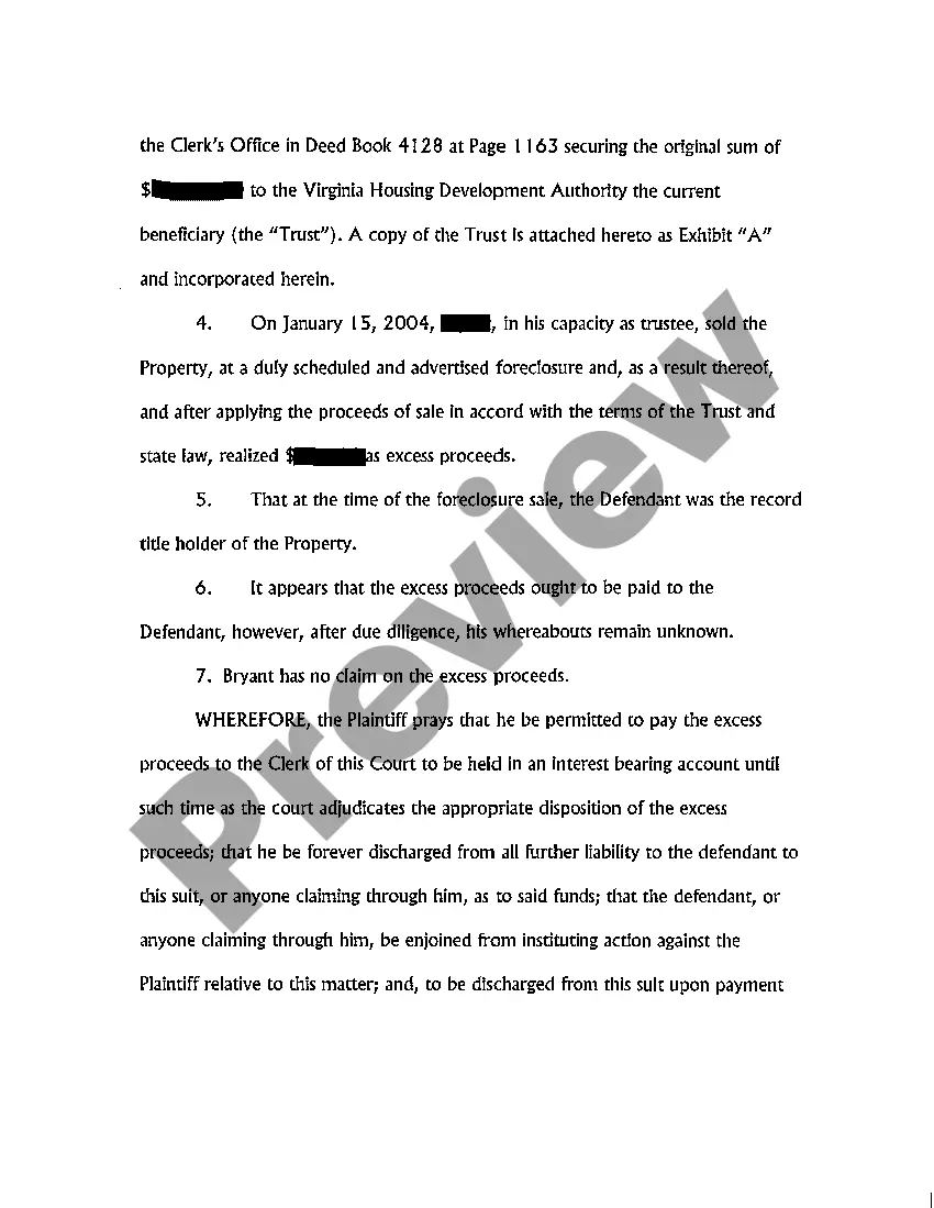 Preview Bill of Interpleader Requesting Excess Proceeds be Placed in Escrow