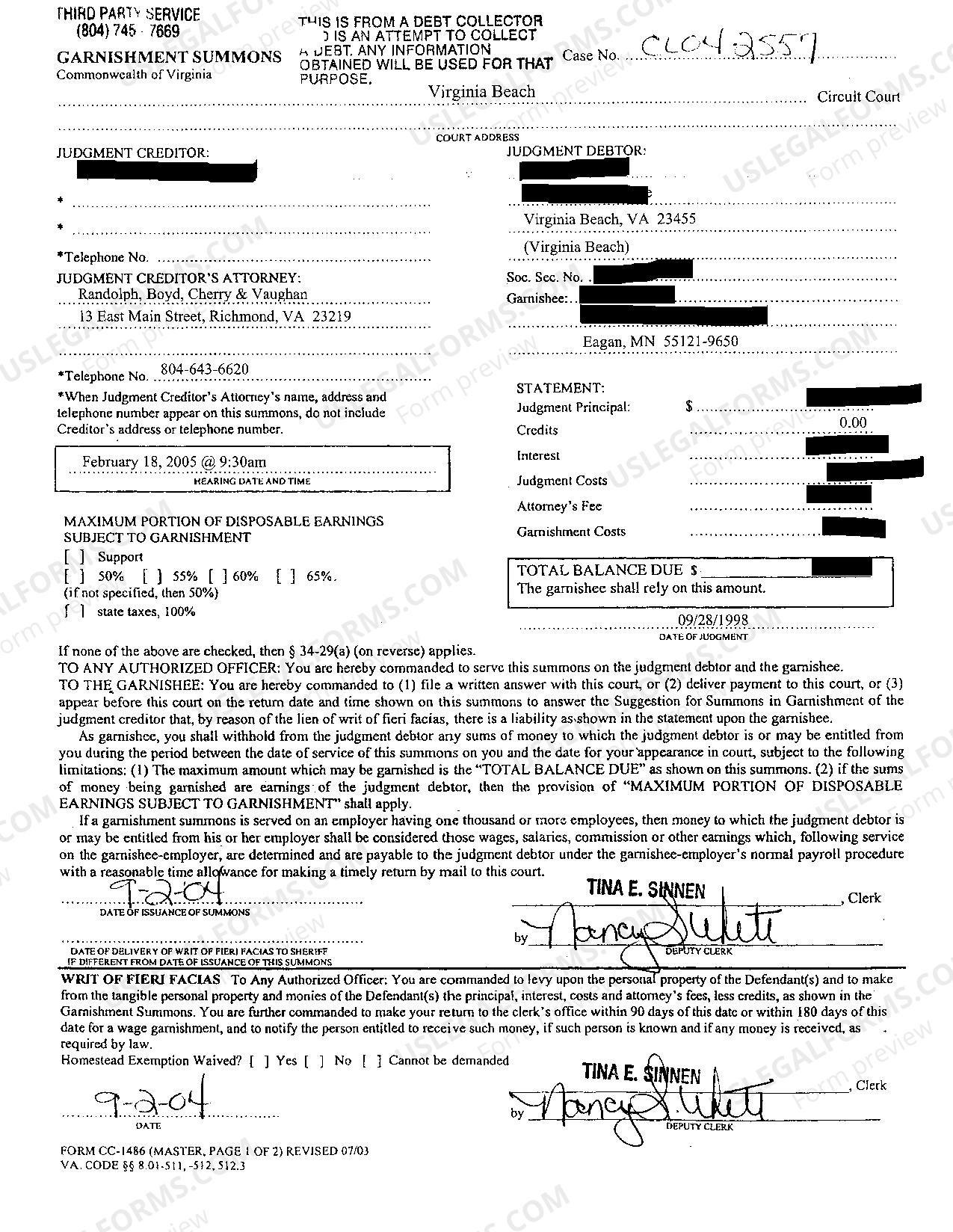 Virginia Garnishment Summons Garnishment Summons Virginia US Legal