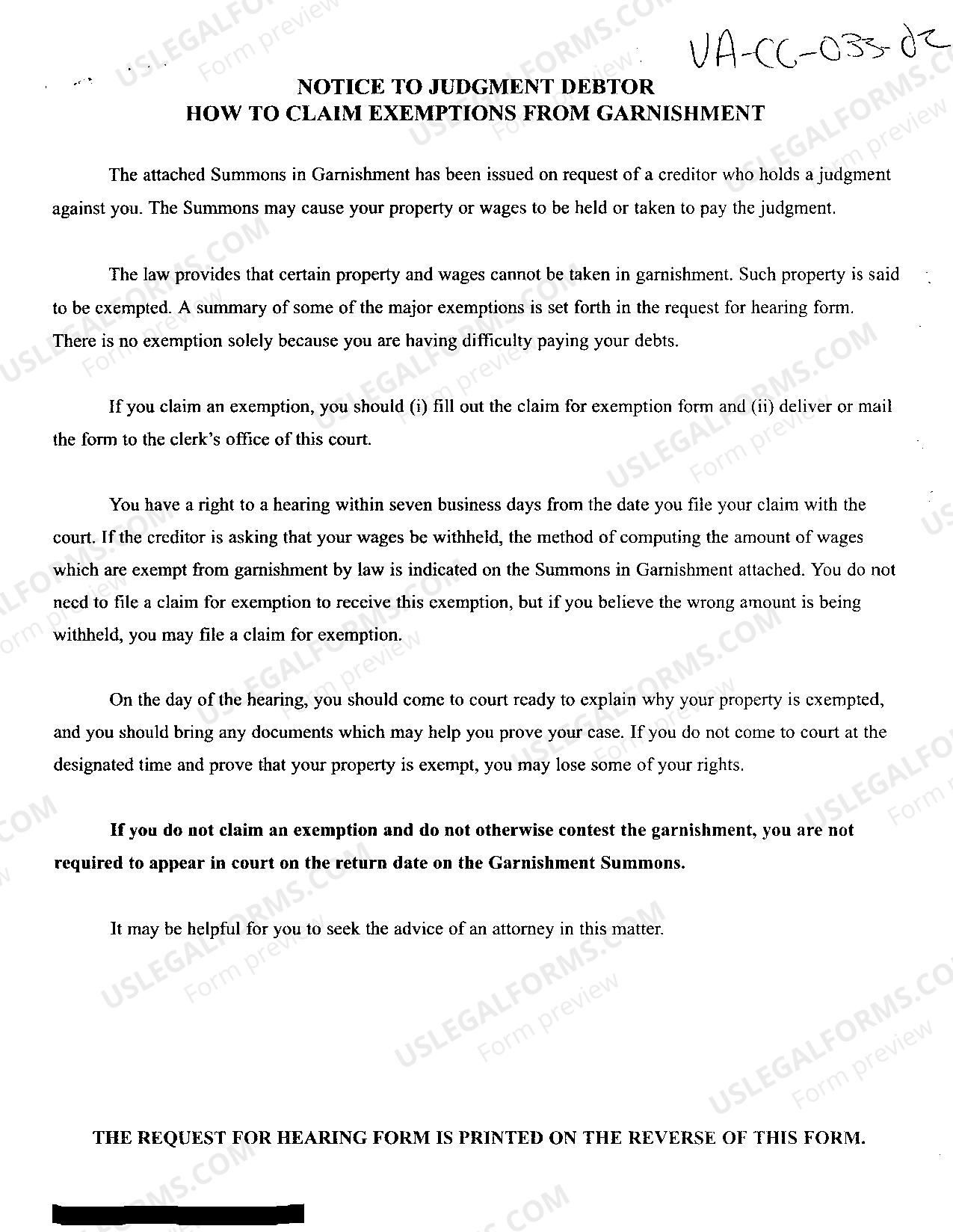 Virginia Notice of Judgment Debtor How To Claim Exemptions From