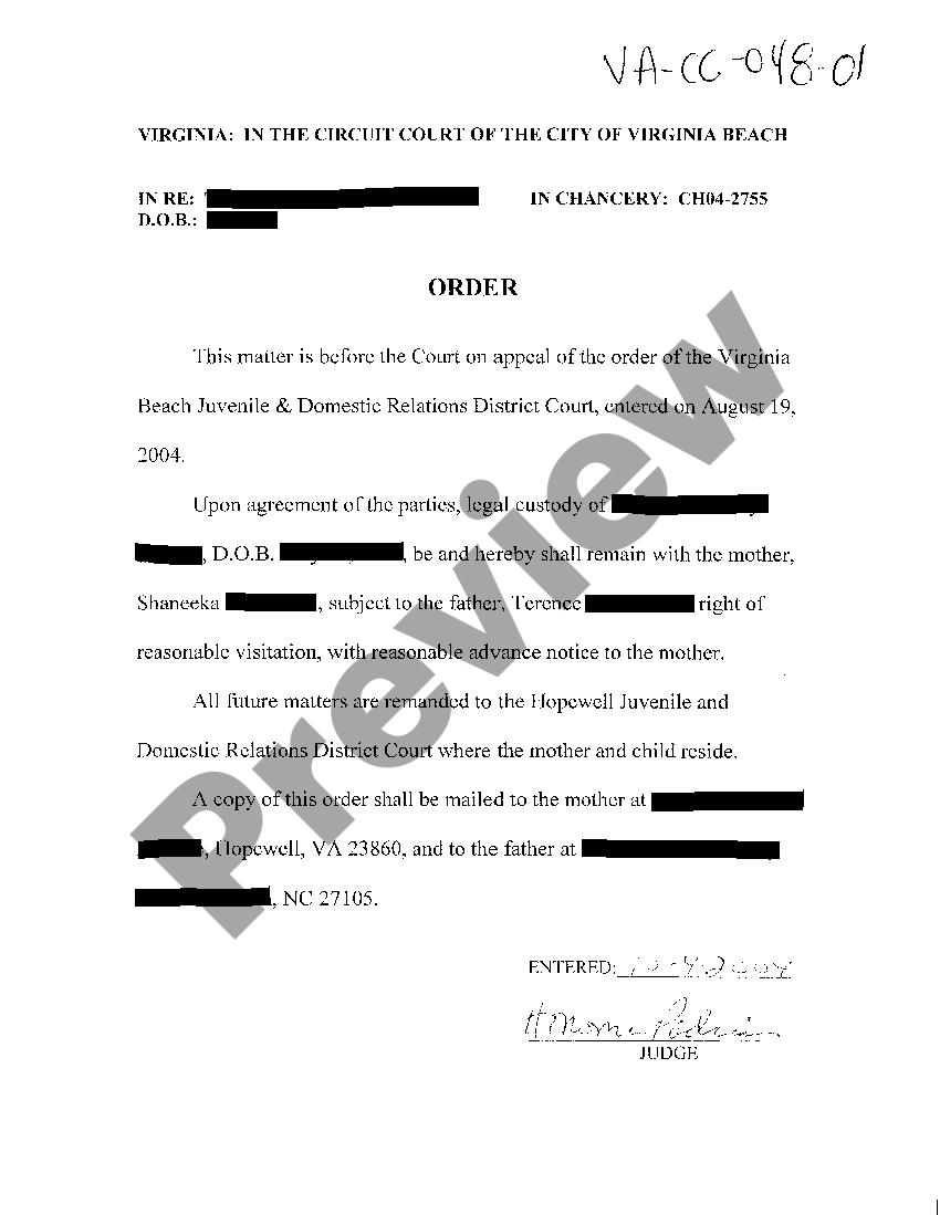 Virginia Order regarding Custody US Legal Forms