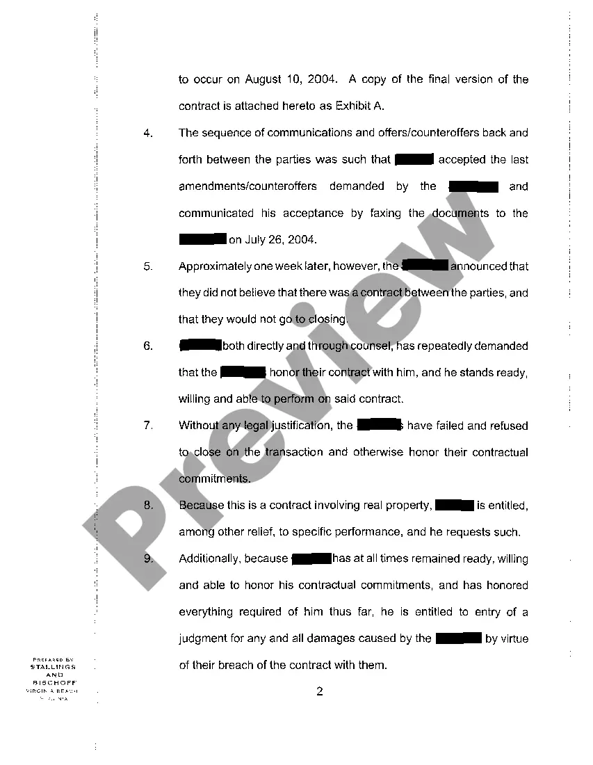 Preview A01 Bill of Complaint for Specific Performance regarding Real Estate