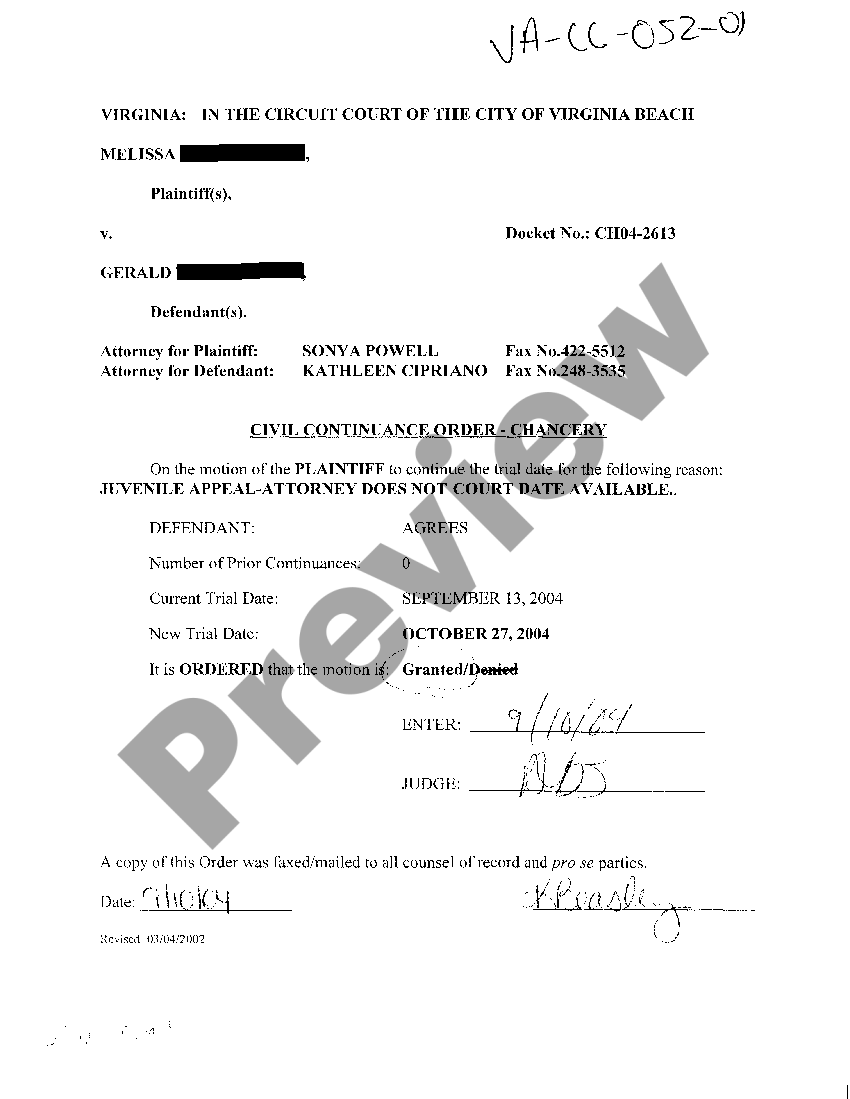Virginia Civil Continuance Order in Chancery US Legal Forms