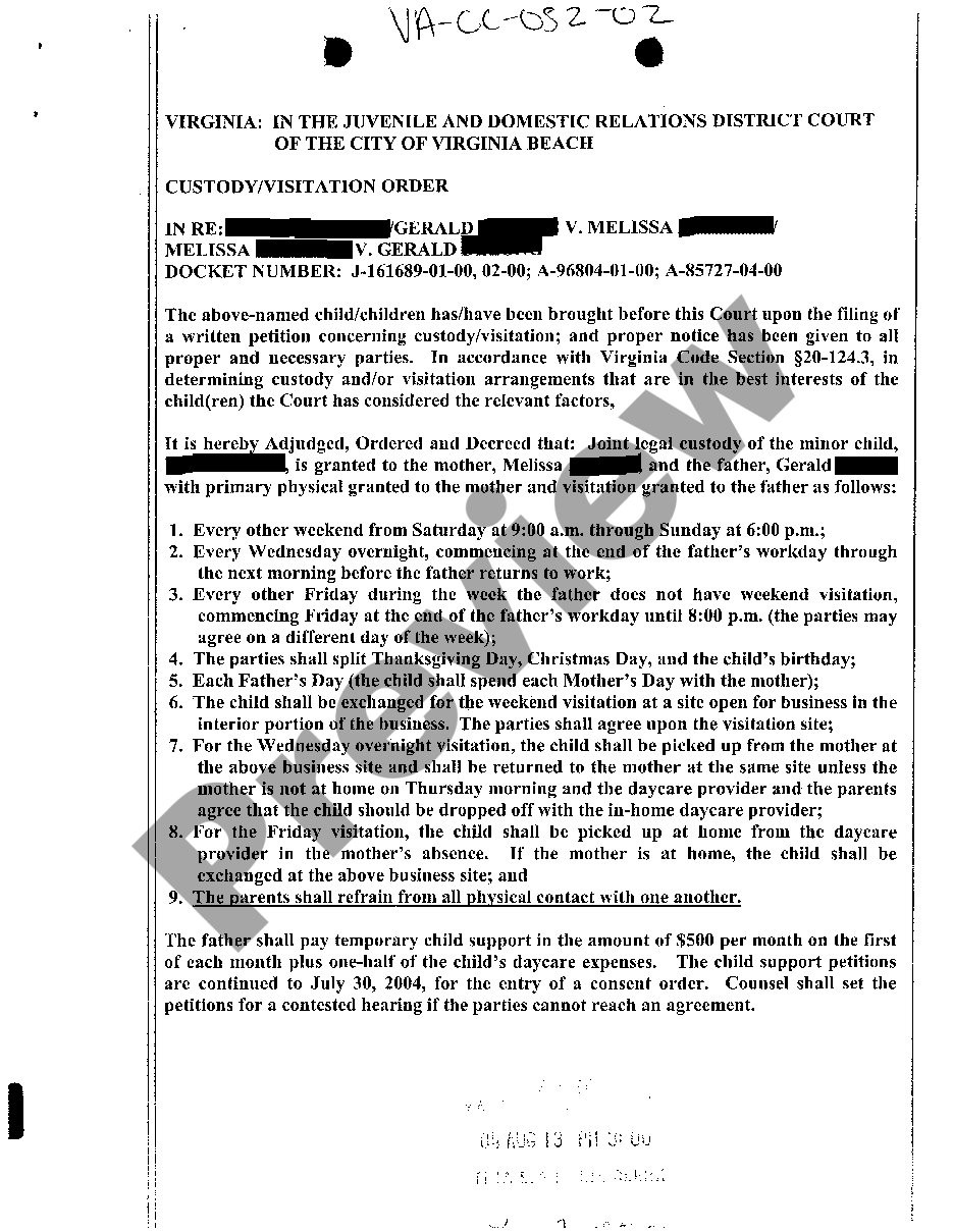 Custody And Visitation Order Virginia Examples For Resume US Legal Forms