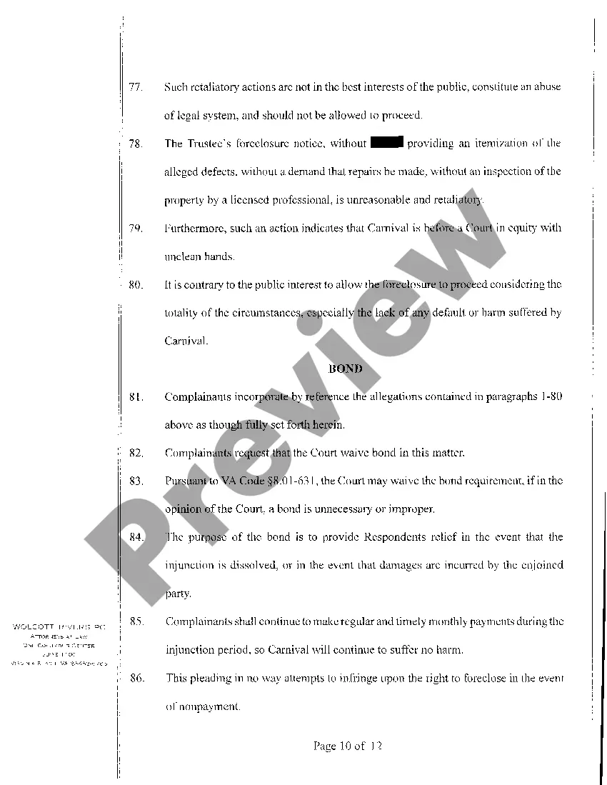 Get A01 Bill of Complaint for Preliminary And Permanent Injunctive Relief regarding Foreclosure Preview A01 Bill of Complaint for Preliminary And Permanent Injunctive Relief regarding Foreclosure