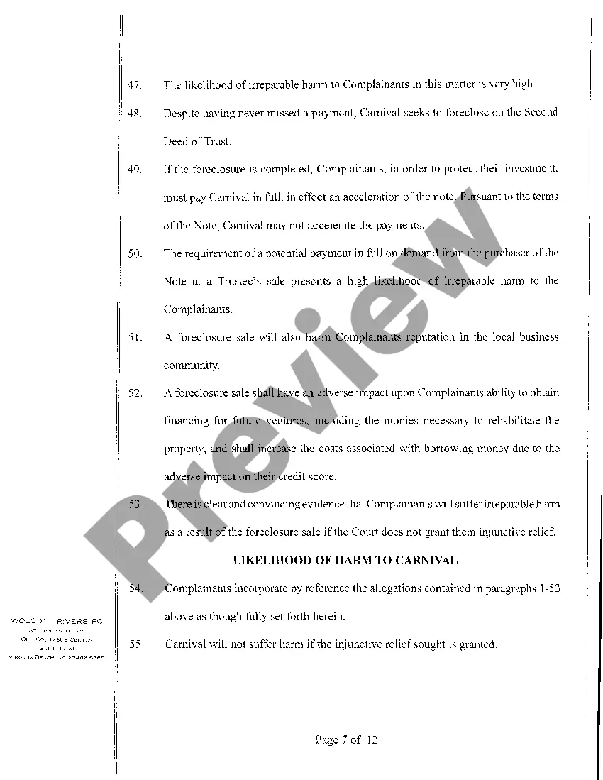 Get A01 Bill of Complaint for Preliminary And Permanent Injunctive Relief regarding Foreclosure Preview A01 Bill of Complaint for Preliminary And Permanent Injunctive Relief regarding Foreclosure