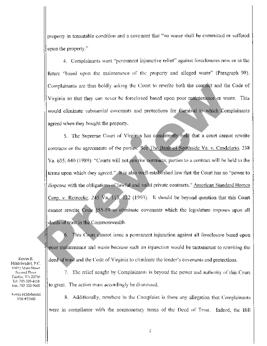 Preview Demurrer to Bill of Complaint for Injunction