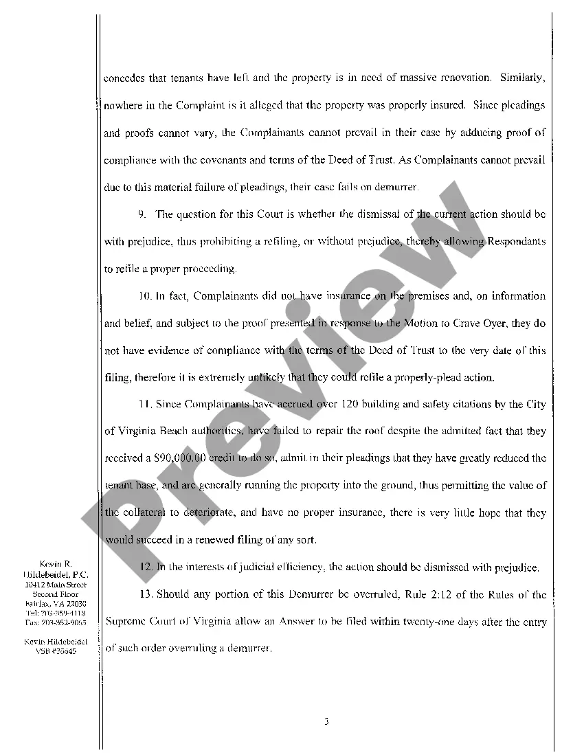 Preview Demurrer to Bill of Complaint for Injunction