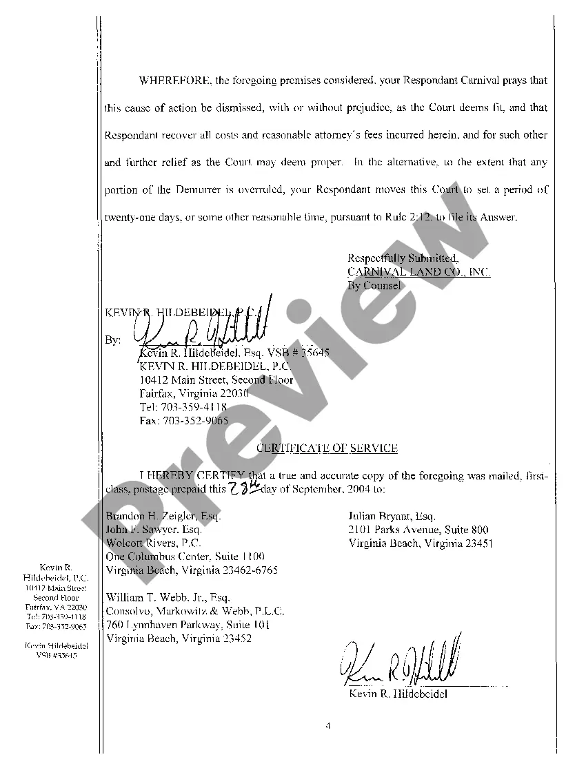 Preview Demurrer to Bill of Complaint for Injunction