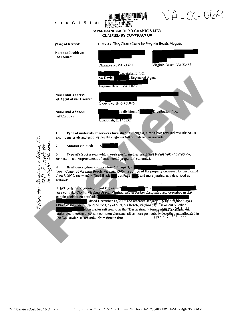 Virginia Memorandum of Mechanic's Lien US Legal Forms