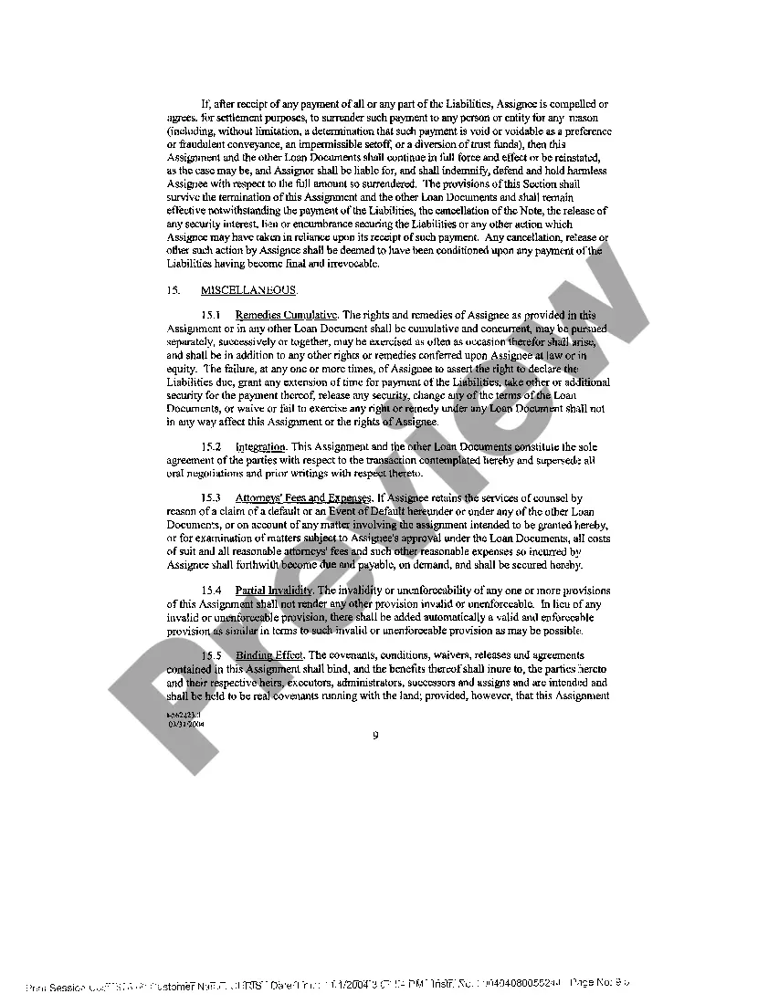 Preview Assignment of Rents and Leases