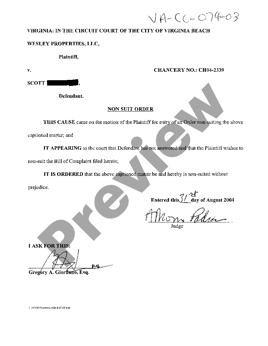 Virginia Non Suit Order Nonsuit Order In Virginia US Legal Forms