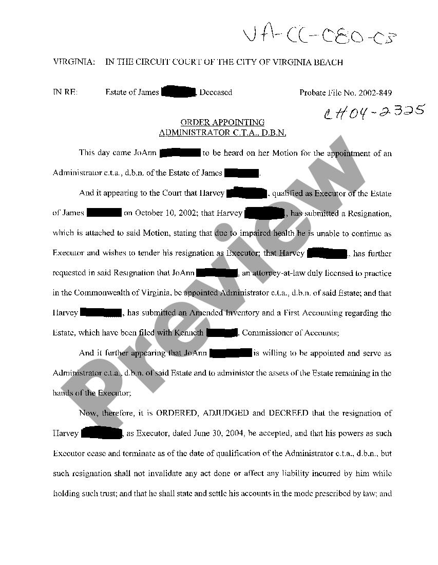 Virginia Order Appointing Administrator C.T.A., D.B.N. Administrator