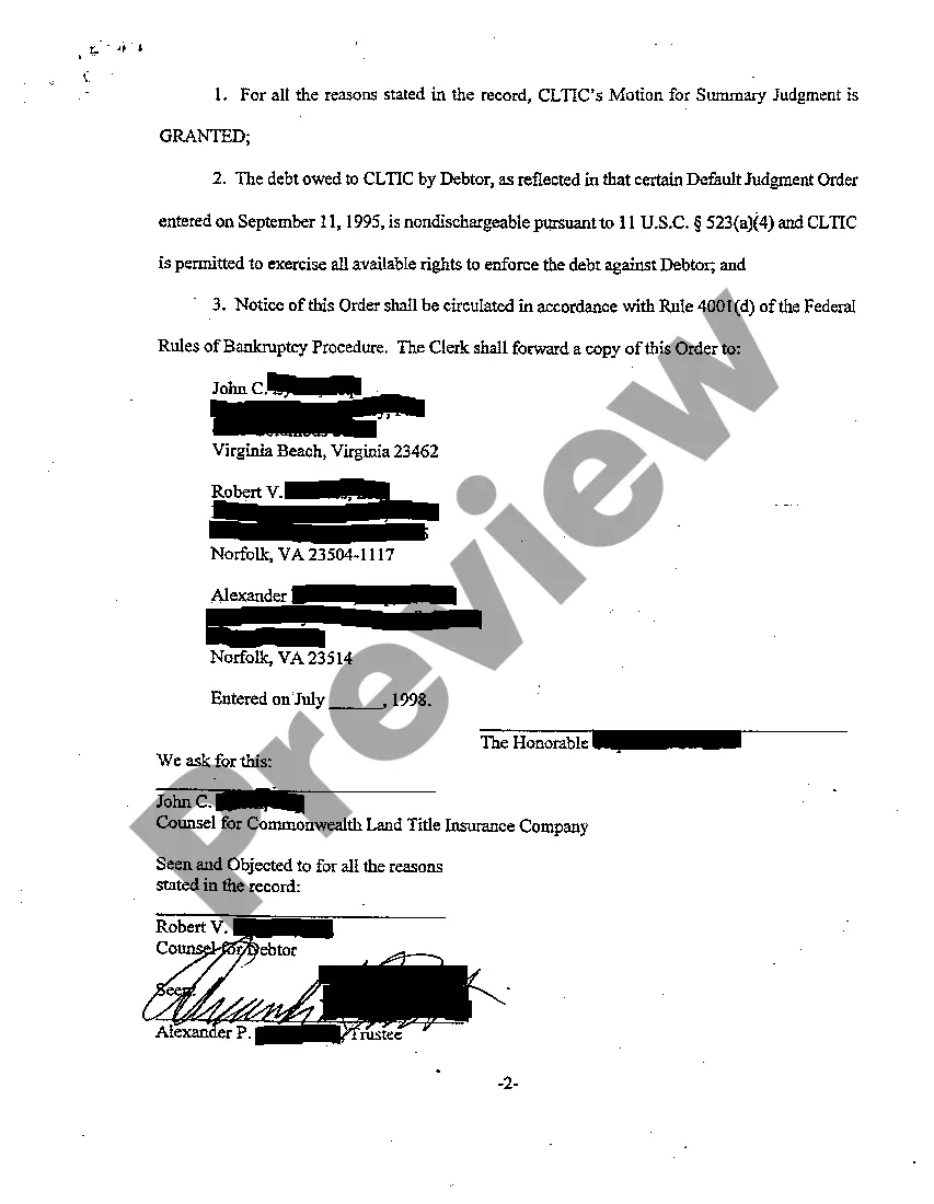 Preview A03 Order Granting Summary Judgment regarding Non Dischargeable Debt