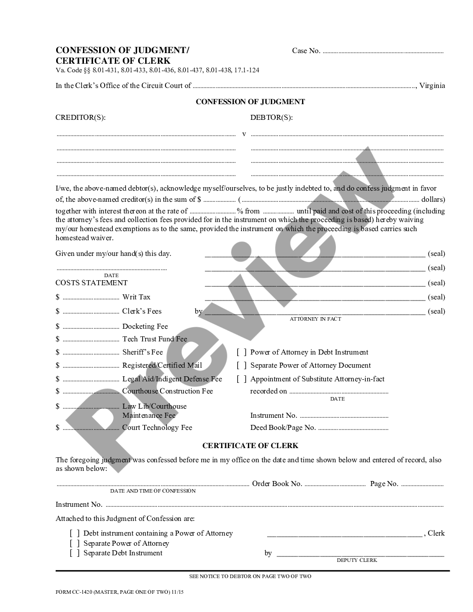 page 0 Confession of Judgment Certificate of Clerk preview