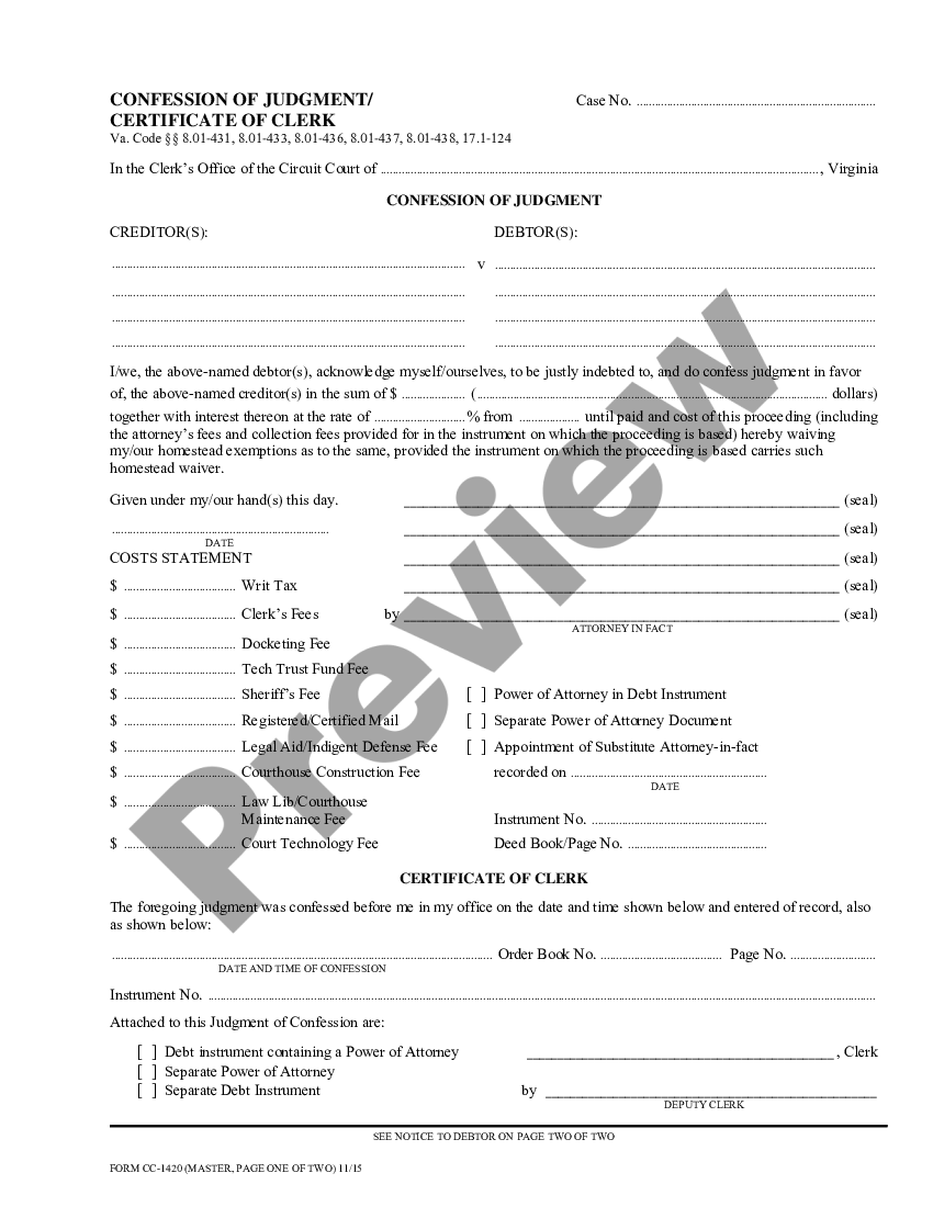 Virginia Confession of Judgment Certificate of Clerk Confession