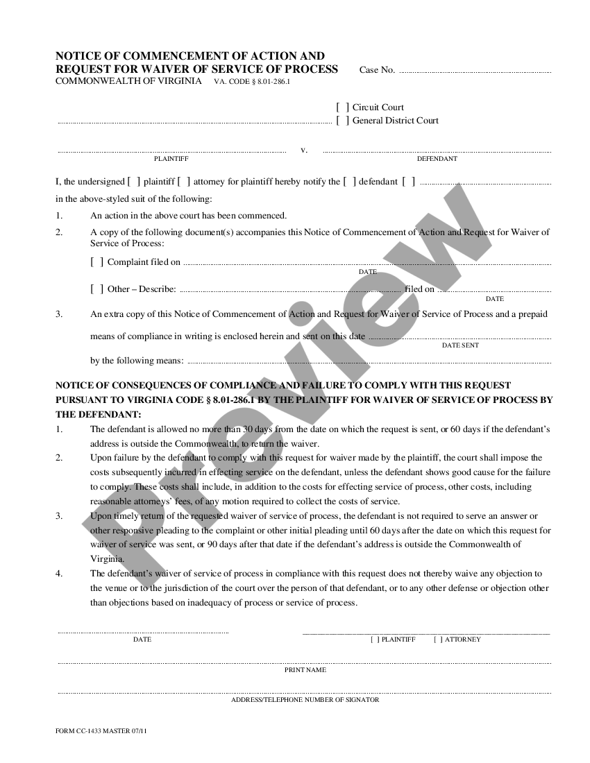 Fairfax Virginia Notice of Commencement of Action and Request for ...