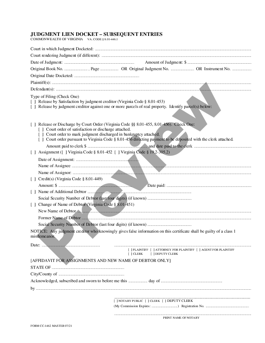 Virginia Judgment Lien Docket - Subsequent Entries - Lien Docket ...