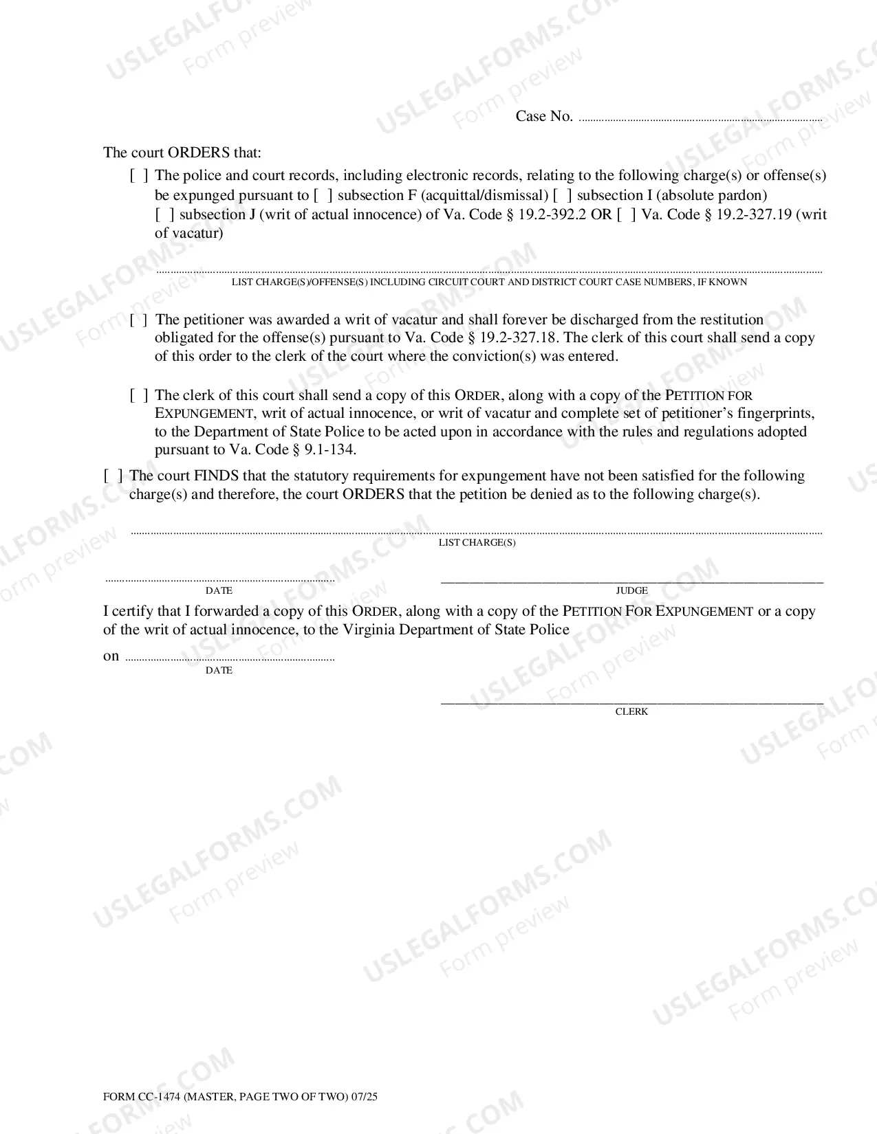 Preview Expungement Order - Form CC-1474