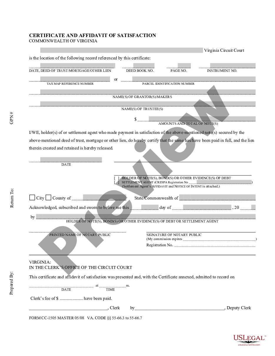 Virginia Certificate and Affidavit of Satisfaction (of Mortgage
