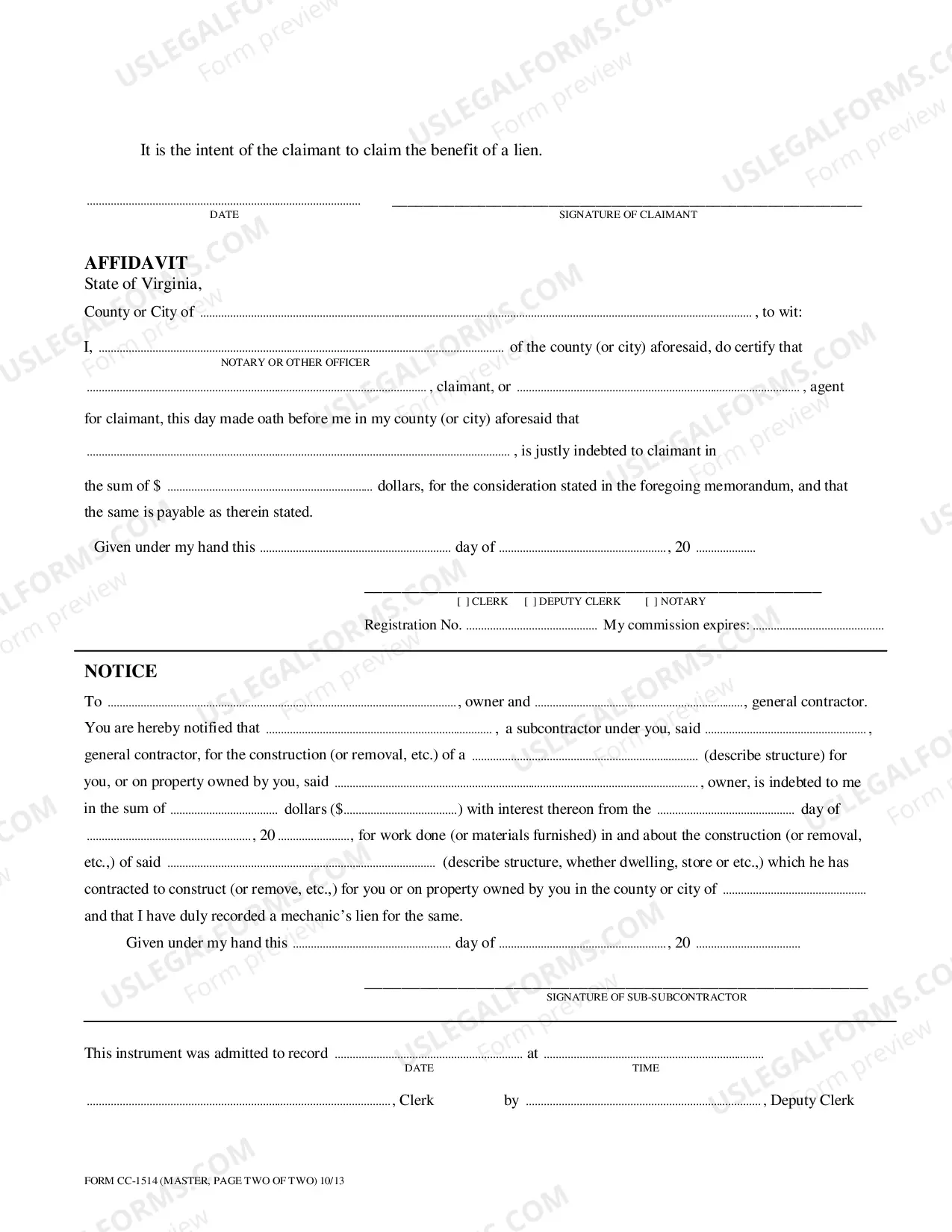 Preview Memorandum For Mechanics Lien Claimed By Sub-Subcontractor