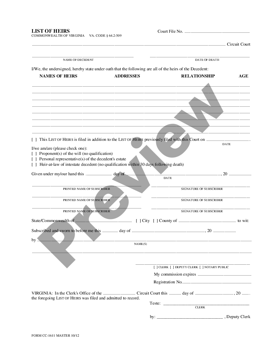 Virginia List Of Heirs Virginia List Of Heirs Instructions Us Legal Forms 3964