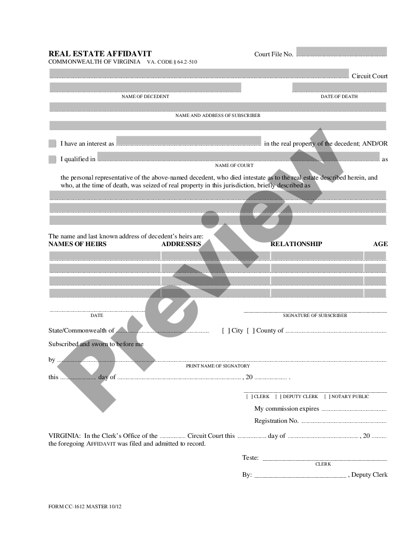 Virginia List Of Heirs Real Estate Affidavit Virginia List Of Heirs Instructions Us Legal 1286