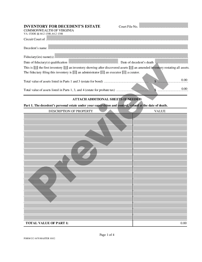Virginia Inventory for Decedent's Estate Sample Probate Inventory List US Legal Forms