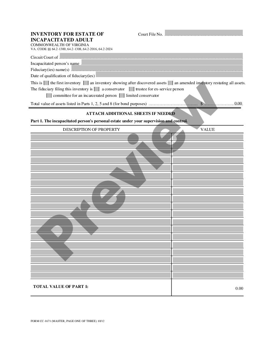 Virginia Inventory For Incapacitated Adult Us Legal Forms 7164