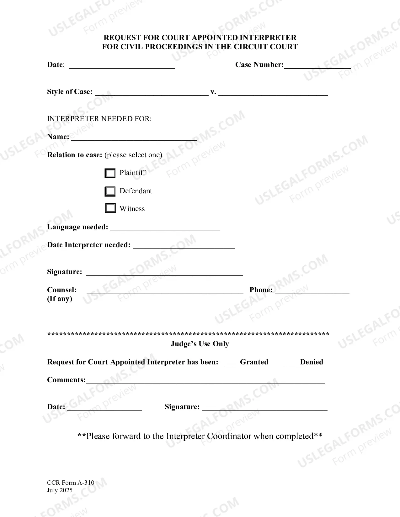 Preview Request For Court Appointed Interpreter For Civil Proceedings