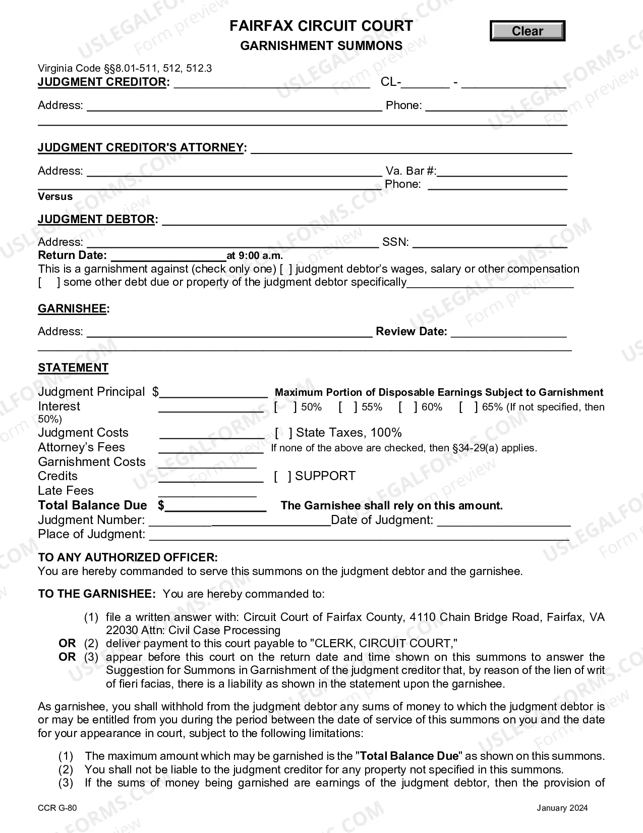 Preview Garnishment Summons