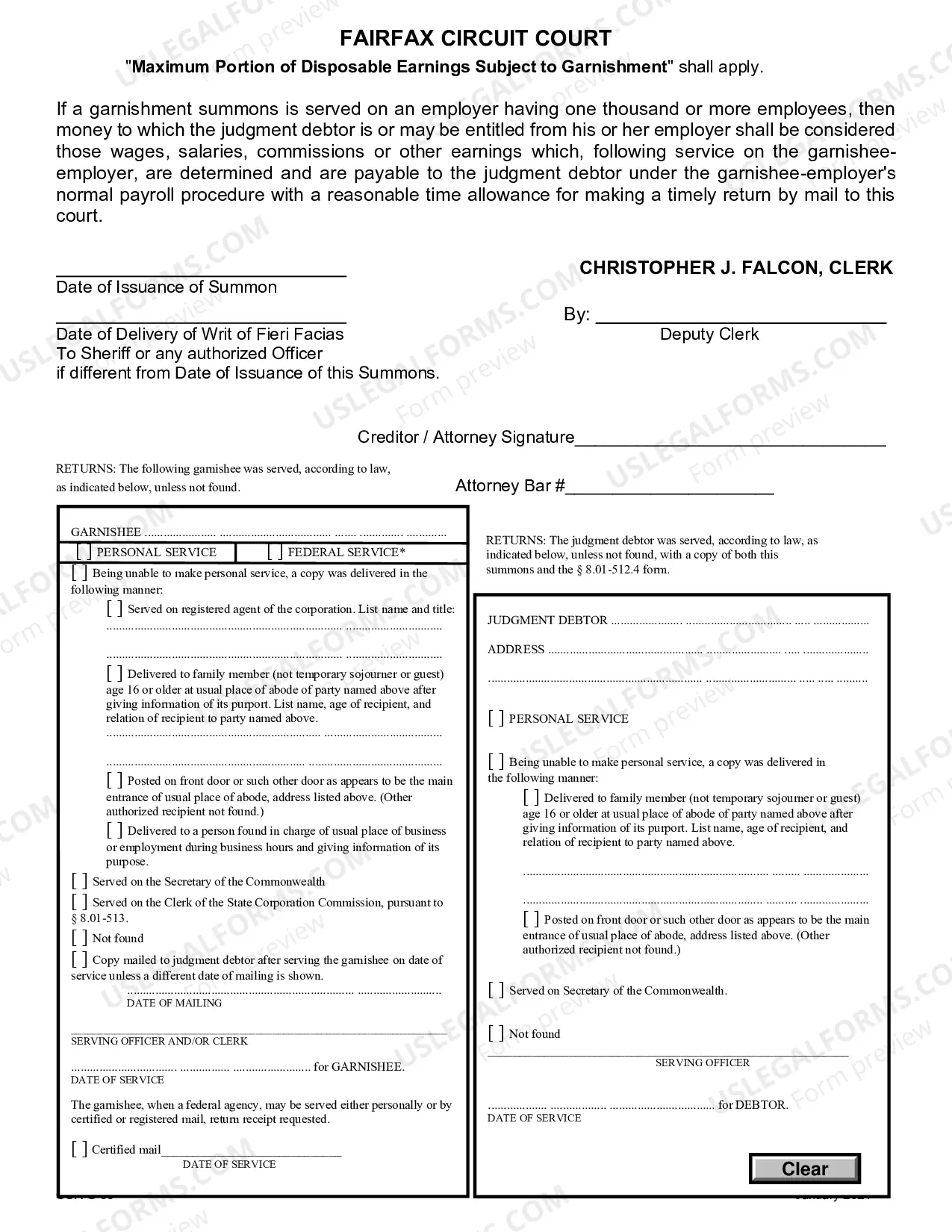 Preview Garnishment Summons