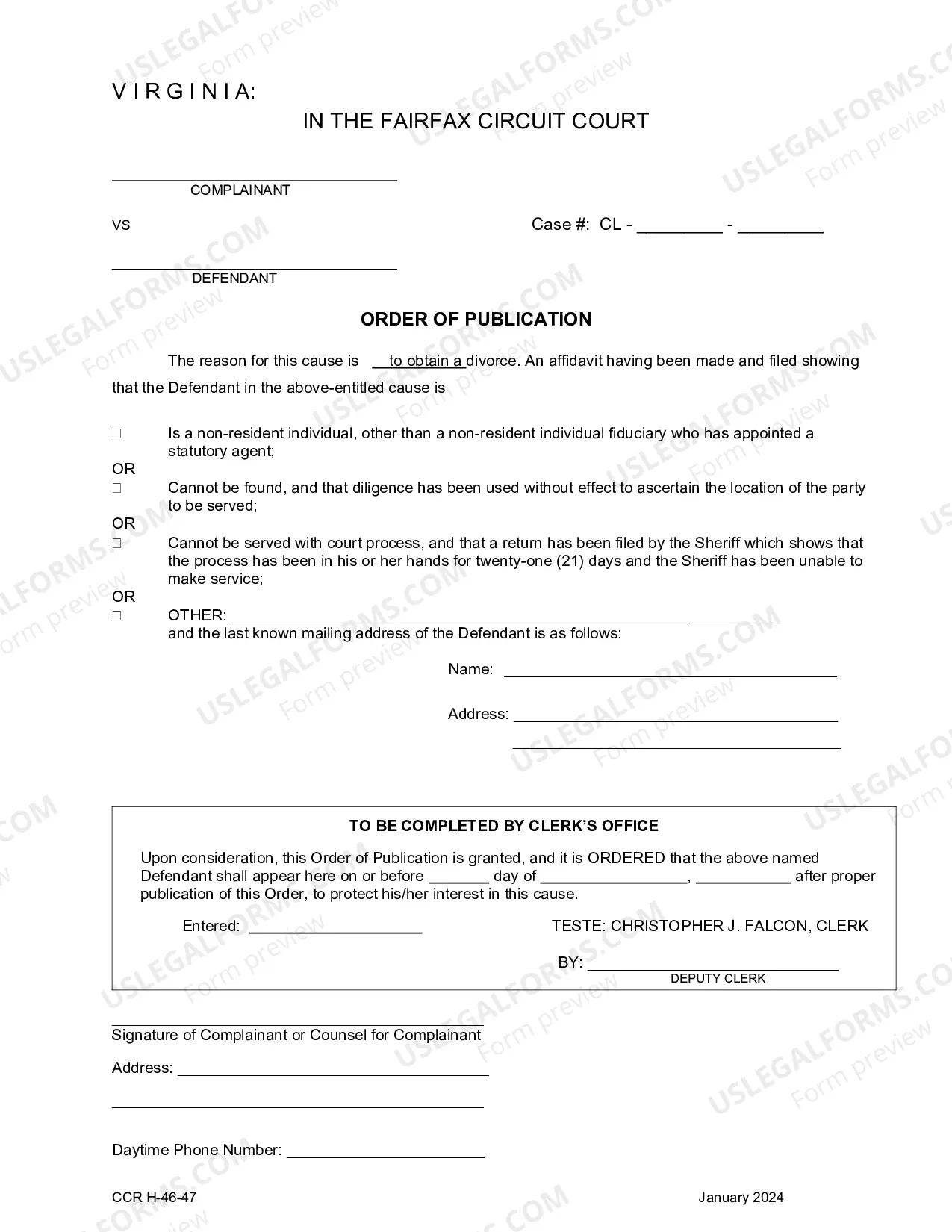 Preview Publication Affidavit and Order for Divorce