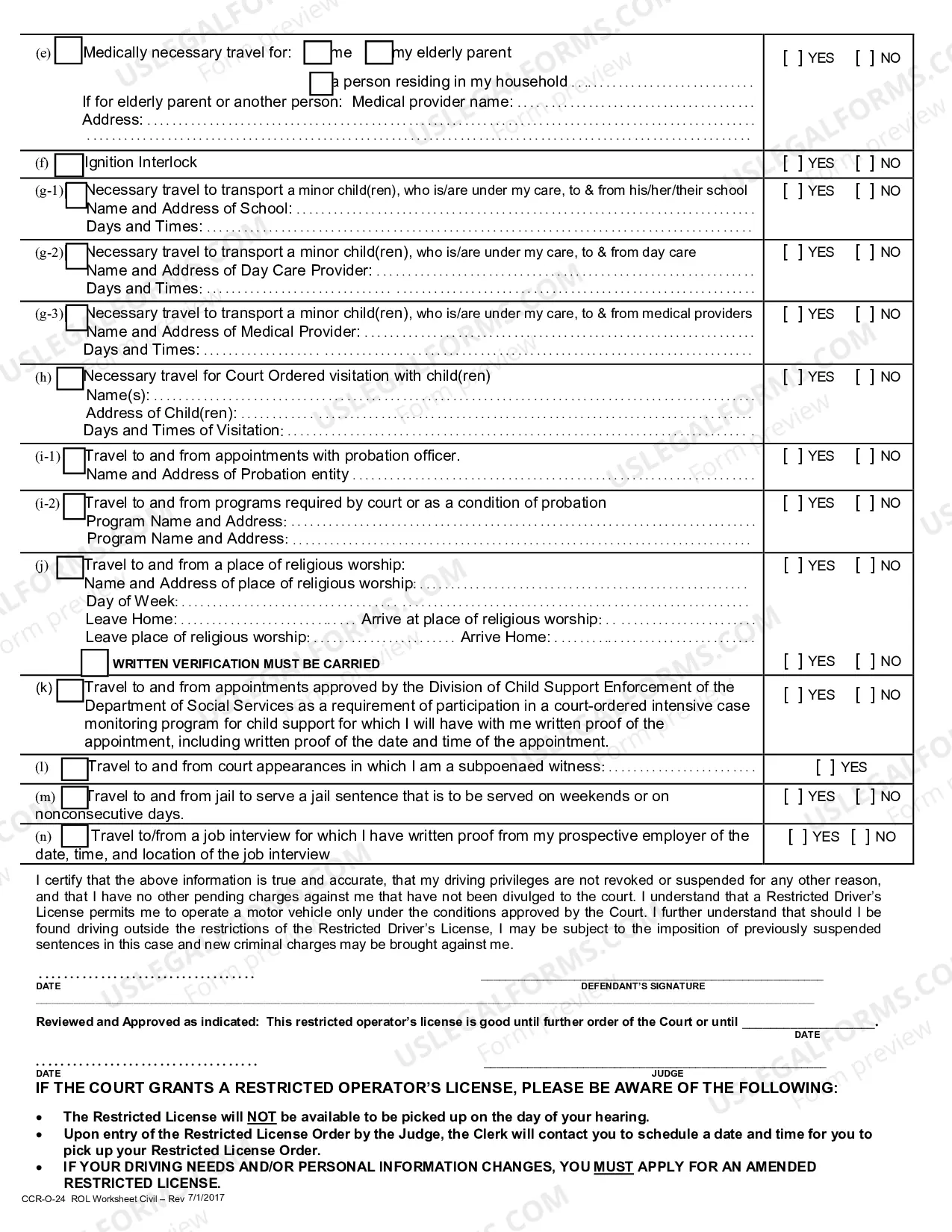 Preview Restricted Operators License Application Worksheet