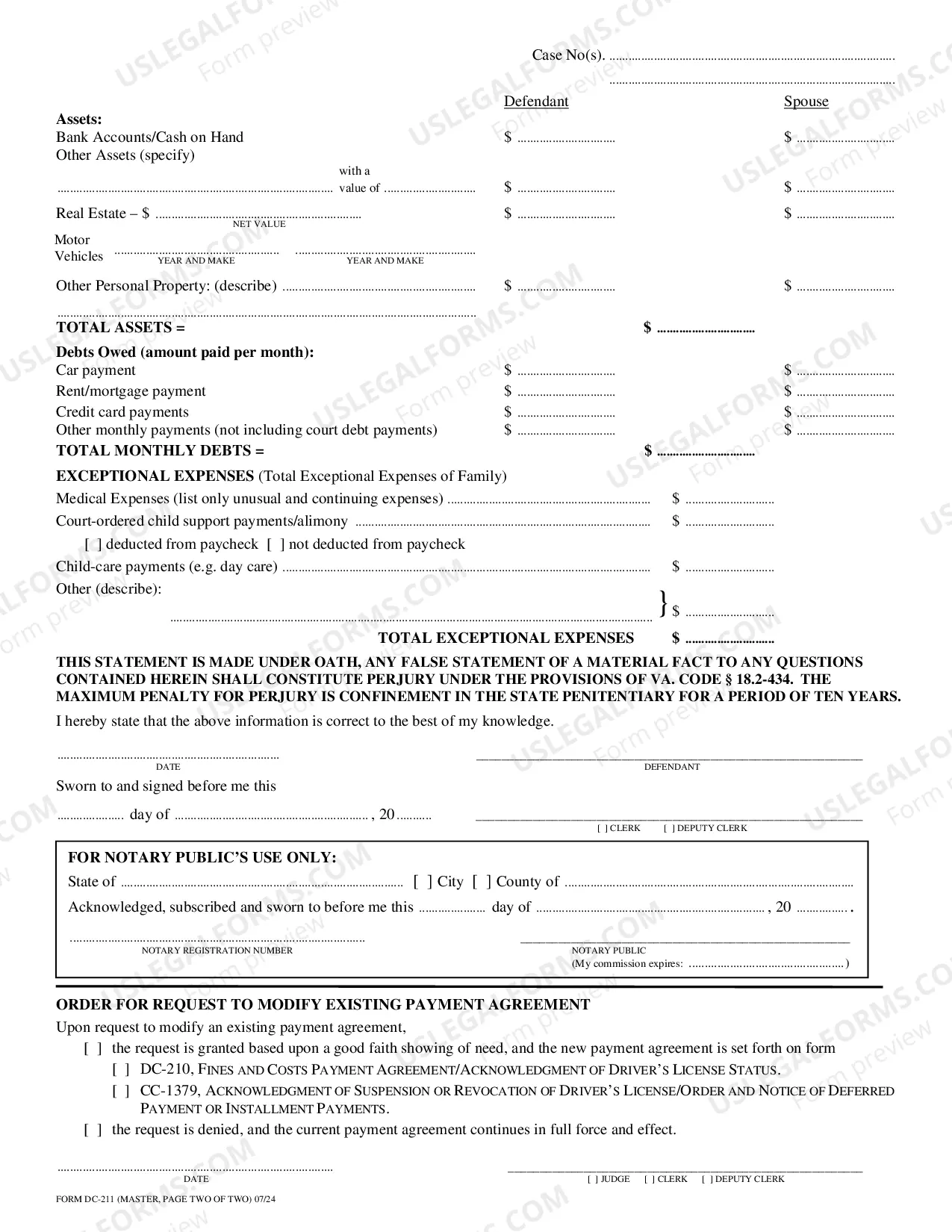 Preview Petition for Payment Agreement for Fines and Costs or Motion to Modify Existing Agreement