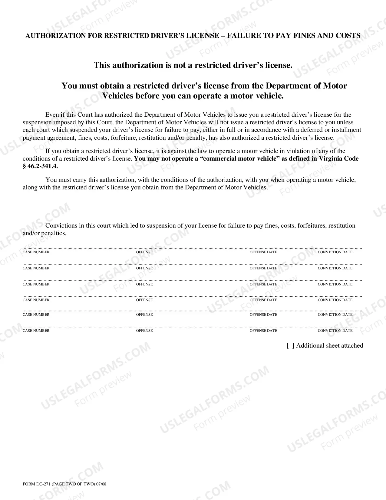 Preview Restricted Drivers License Authorization(DC-271) - Failure to pay fines and costs