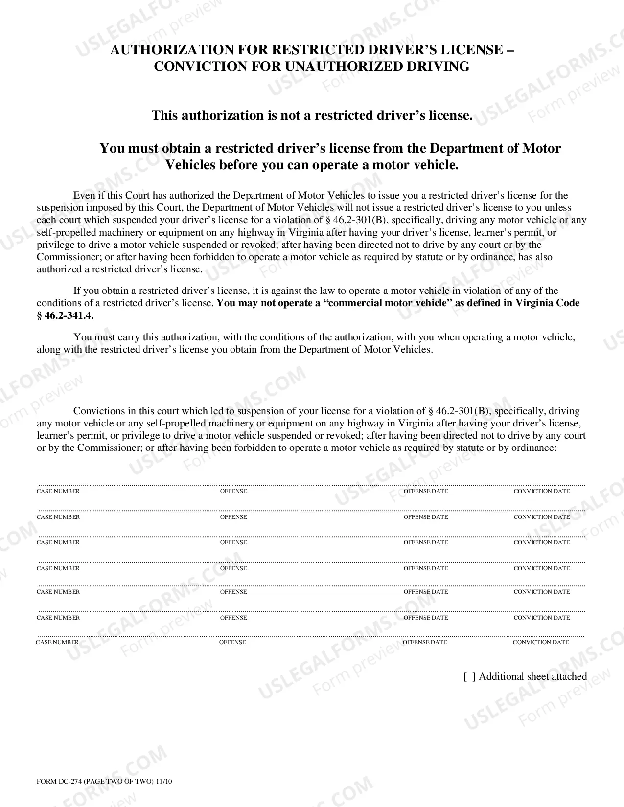 Preview Restricted Drivers License Authorization(DC-274) - Conviction for unauthorized driving