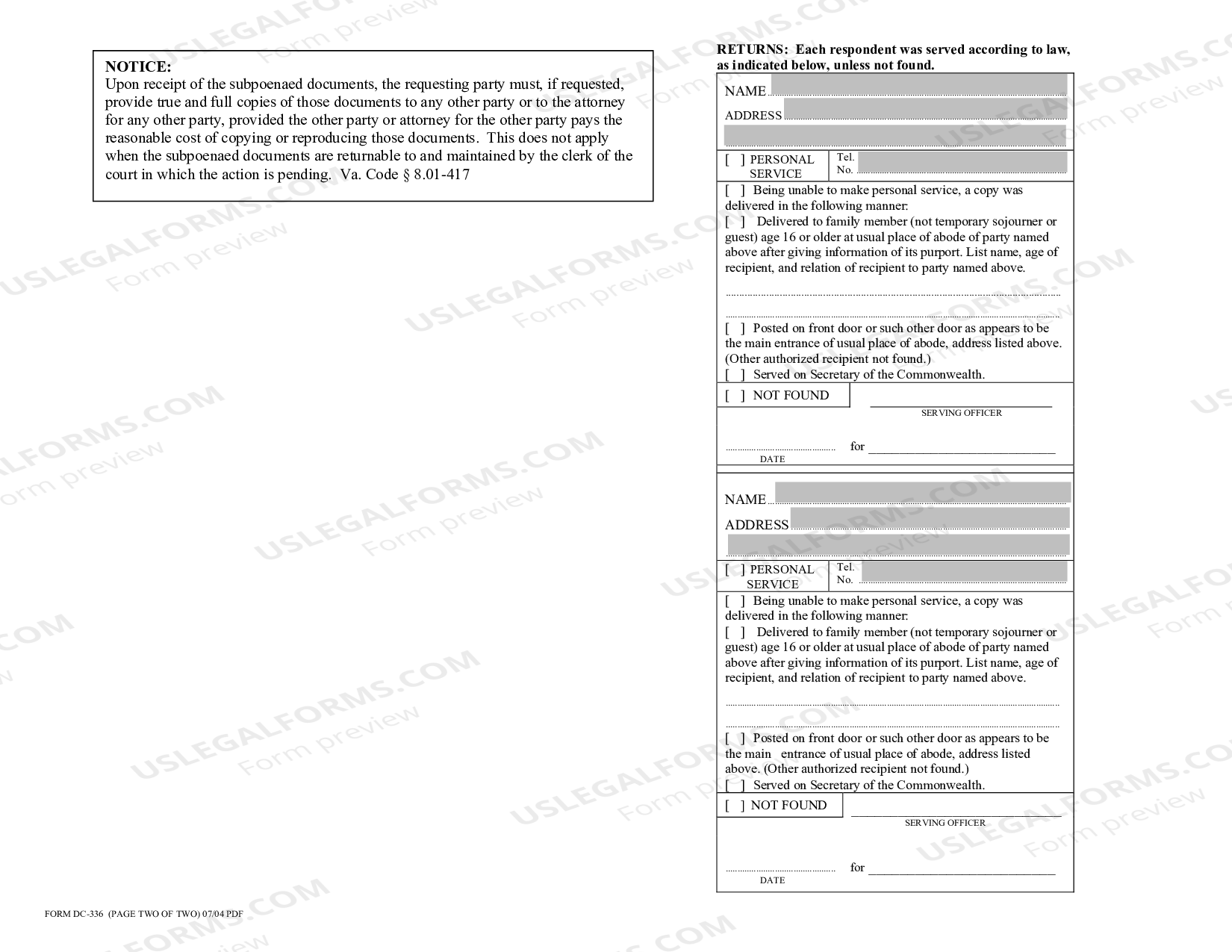 Virginia Subpoena Duces Tecum Virginia Subpoena Duces Tecum US