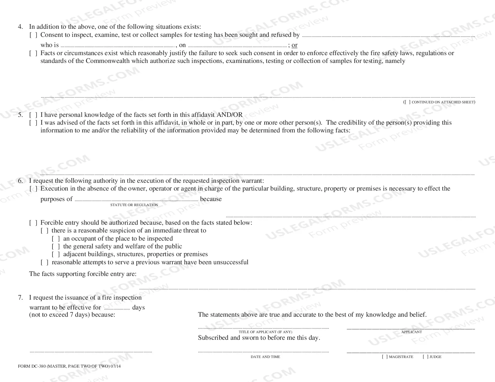 Preview Affidavit For Fire Inspection Warrant